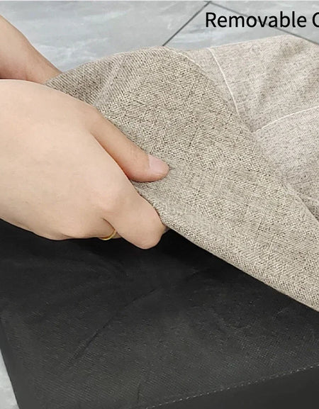 Round Foot Rest Stool Linen Fabric Padded Seat Pouf with Non-Skid Wooden Legs Living room Furniture