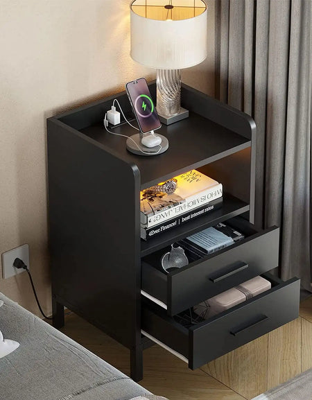 Side Table with Charging Station, 3-Drawer LED Light Bedside Living Room Small Space, Black