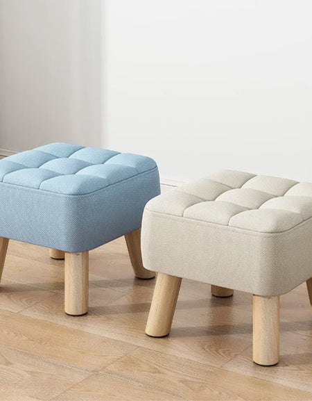 Round Foot Rest Stool Linen Fabric Padded Seat Pouf with Non-Skid Wooden Legs Living room Furniture