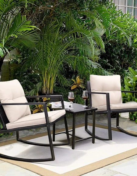 Rocking Wicker Bistro Set, Patio Outdoor Furniture Conversation Sets with Porch Chairs