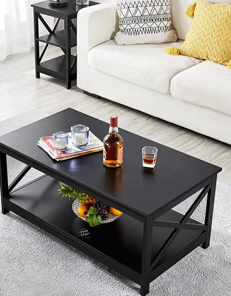 Coffee Table Living Room Furniture Table with Storage Shelf, Black