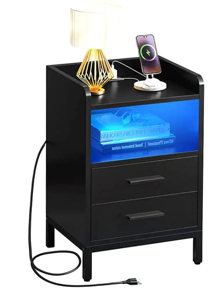 Side Table with Charging Station, 3-Drawer LED Light Bedside Living Room Small Space, Black