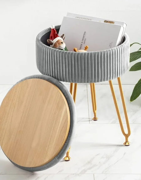 Grey Vanity Stool with Gold Legs,18” Height, Small Storage Ottoman Foot Ottoman Rest for Living Room
