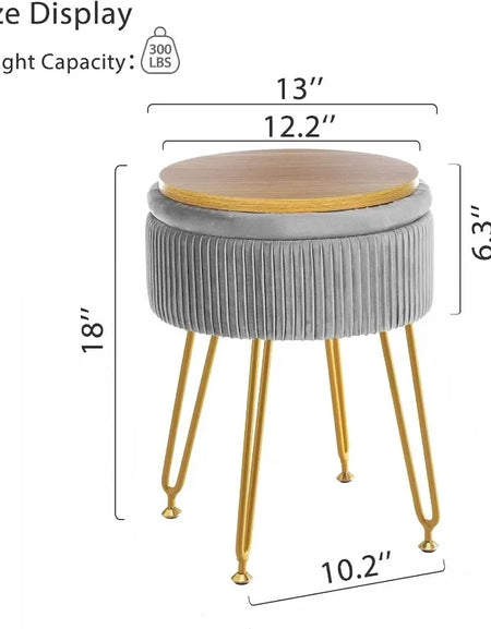 Grey Vanity Stool with Gold Legs,18” Height, Small Storage Ottoman Foot Ottoman Rest for Living Room